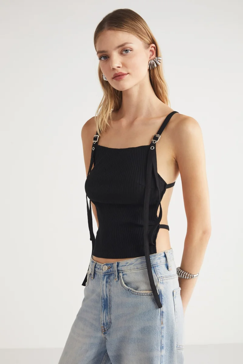 GRIMELANGE Rouela Women's Backless Accessory Detailed Black Blouse