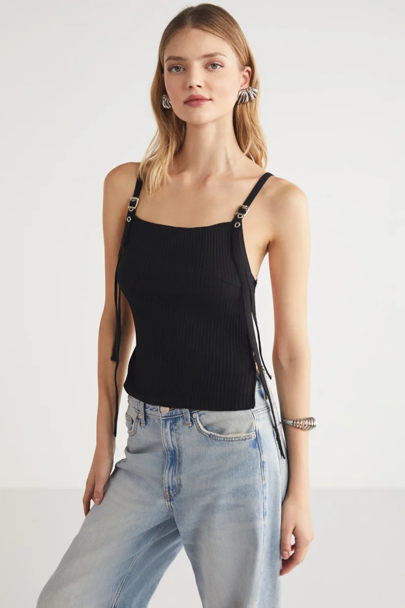 GRIMELANGE Rouela Women's Backless Accessory Detailed Black Blouse