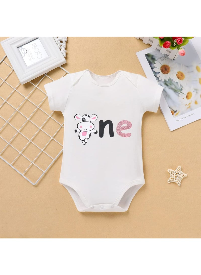 Zikra Baby Girl Birthday Outfit Romper, 3Pcs Farm Cow Giraffe Party Outfit, Include 1st Birthday Princess Romper, Tutu Skirt Set, Crown Headband, Fit for Cake Smash Photo Shoot, 6-9 Months - Image 4