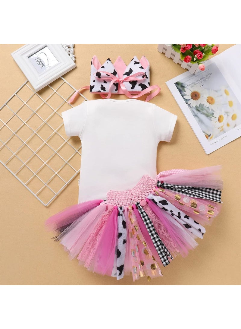 Zikra Baby Girl Birthday Outfit Romper, 3Pcs Farm Cow Giraffe Party Outfit, Include 1st Birthday Princess Romper, Tutu Skirt Set, Crown Headband, Fit for Cake Smash Photo Shoot, 6-9 Months - Image 3