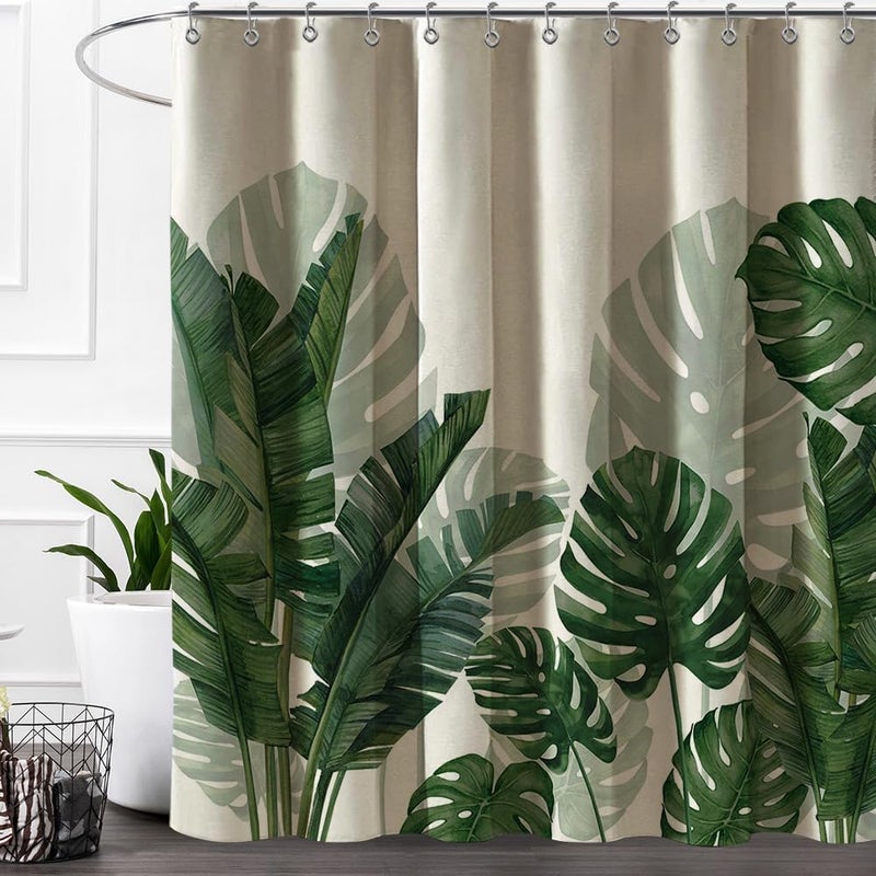 Baccessor Linen Shower Curtain Tropical Green Leaf Shower Curtains Botanical Banana Monstera Leaf Palm Tree Water Repellent Heavy Duty Fabric Cloth Shower Curtain for Bathtubs Hotel 72 W X 72 L Inch - Image 1