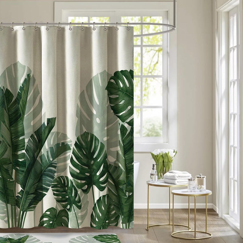 Baccessor Linen Shower Curtain Tropical Green Leaf Shower Curtains Botanical Banana Monstera Leaf Palm Tree Water Repellent Heavy Duty Fabric Cloth Shower Curtain for Bathtubs Hotel 72 W X 72 L Inch - Image 2