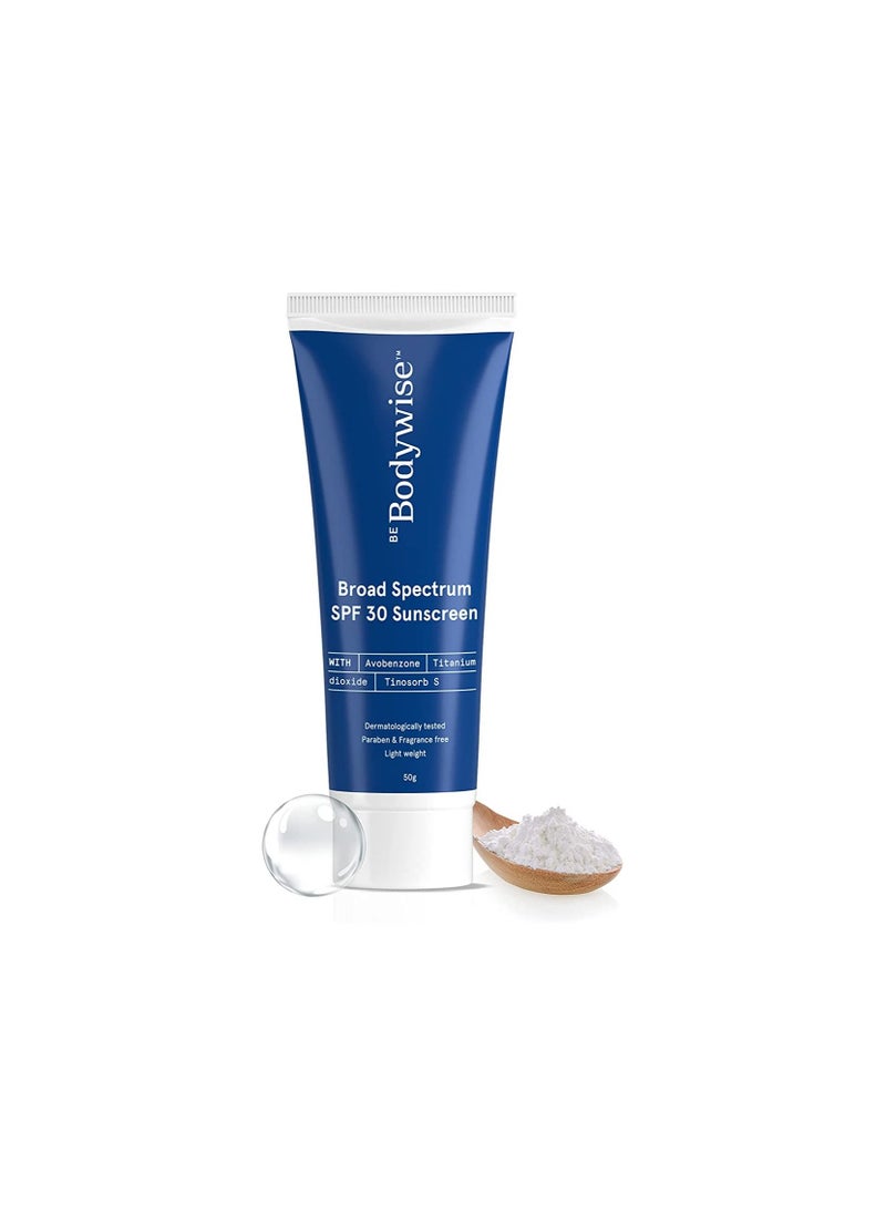 Be Bodywise Sunscreen Cream SPF 30  Ultra Lightweight  No White Cast  Broad Spectrum and Acne Safe  For Men and Women  50 ml