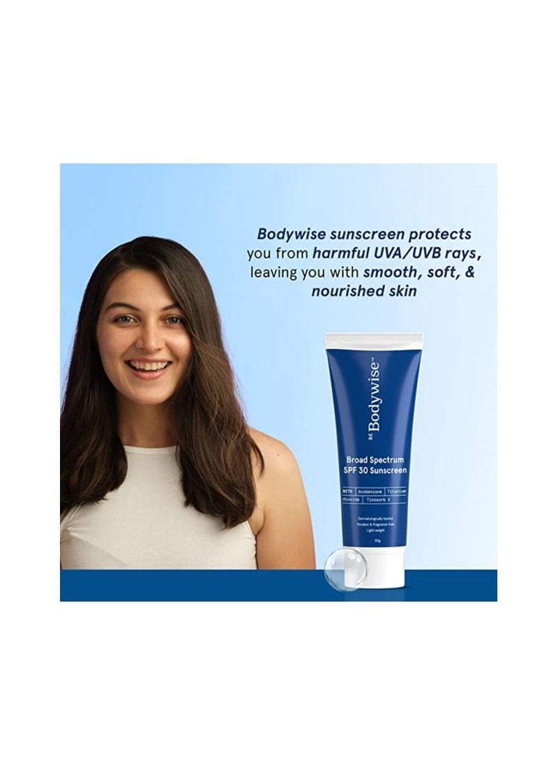 Be Bodywise Sunscreen Cream SPF 30  Ultra Lightweight  No White Cast  Broad Spectrum and Acne Safe  For Men and Women  50 ml