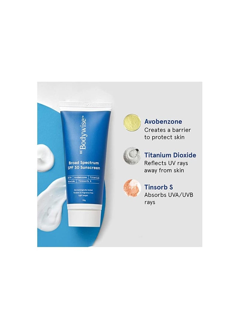 Be Bodywise Sunscreen Cream SPF 30  Ultra Lightweight  No White Cast  Broad Spectrum and Acne Safe  For Men and Women  50 ml