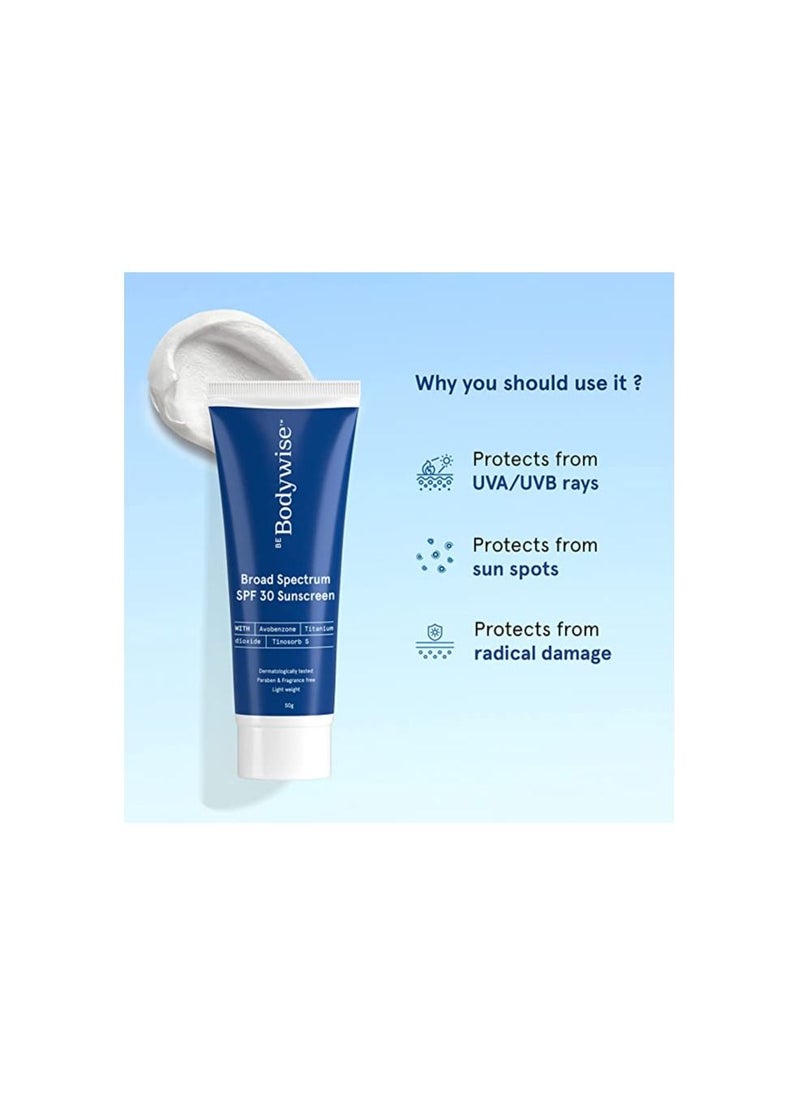 Be Bodywise Sunscreen Cream SPF 30  Ultra Lightweight  No White Cast  Broad Spectrum and Acne Safe  For Men and Women  50 ml