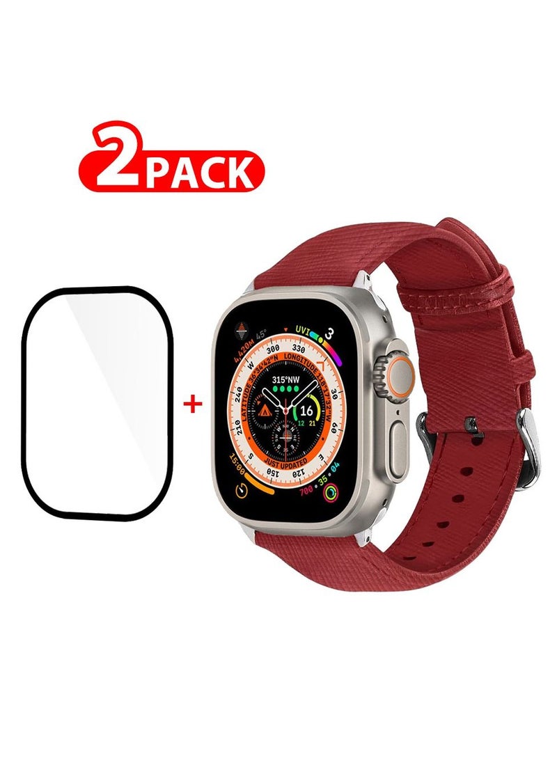 CATANES 2 Packs For Apple Watch Band 49mm Leather Band Buckle Strap Wristband and 3D Screen Protector Red  - Image 1