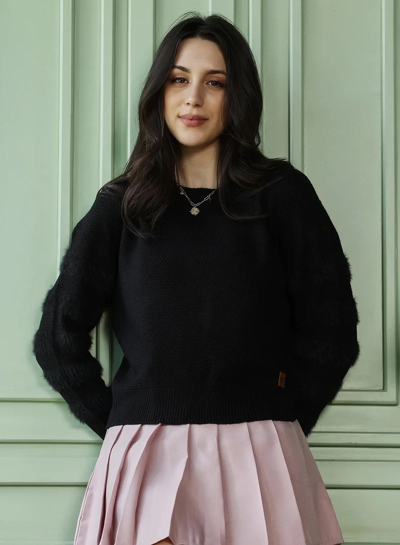 PINACOLADA Women's Sherpa-Lined Knit Pullover Sweater | Round Neck , Long Ribbed-Cuff Sleeves, Pull On Closure | Solid Jacquard Knitted Shirt For Casual & Daily Wear | Midnight Black