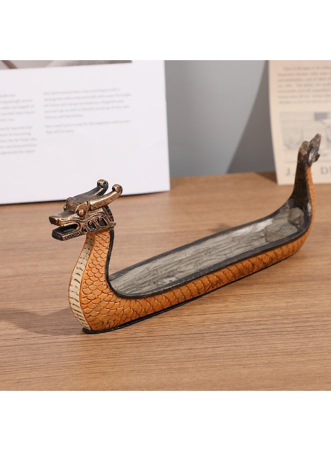 Traditional Dragon Boat Incense Burner Stick Holder - Creative Resin Dragon Statue Home Decor Tabletop Ornament, Cultural Arts Crafts Collectible Figurine, Luxury Housewarming Ramadan Gift (Yellow/Orange) - Image 1