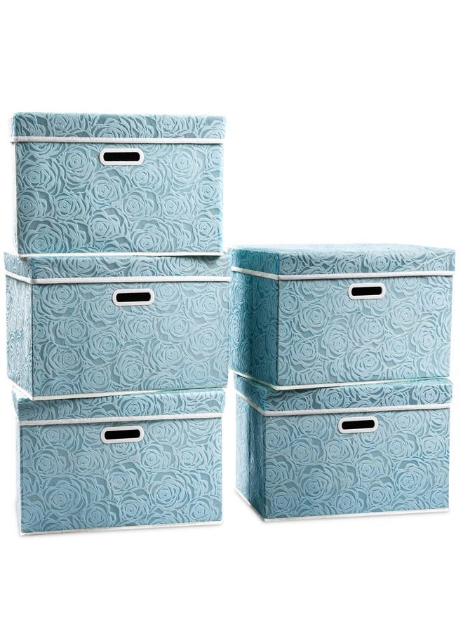 PRANDOM Stackable Storage Cubes with Lids [5-Pack] Fabric Decorative Storage Box Bins Organizer Containers Baskets with Cover Handles Divider for Bedroom Closet Living Room Blue 14.9x9.8x9.8 Inch - Image 1