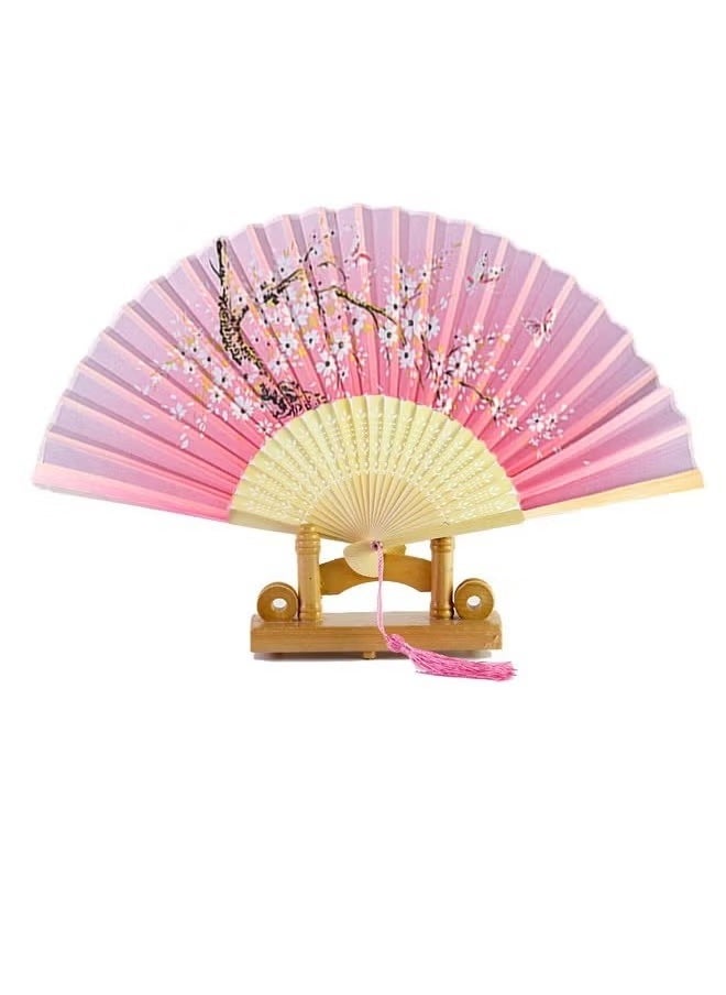 Unewshi Floral Folding Hand Fans Chinese Style Bamboo Folding Fan Handheld Fabric Folding Fan with Tassel Vintage Pattern Hand Fan Hollowed Bamboo Hand Holding Fan, Plum Blossom  - Image 1