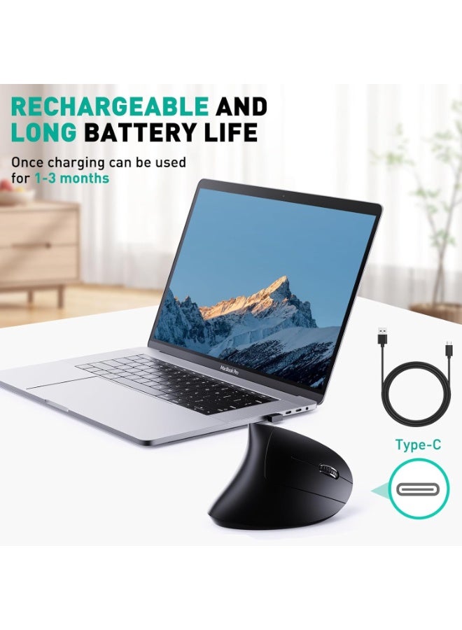 جيماكس ماوس عامودى  لاسلكي مريح قابل لاعادة الشحن ، بلوتوث 5.2 و2.4GHz USB (2 في 1) مع 1000/1200/1600 نقطة لكل بوصة، 6 ازرار صامتة، للابتوب والكمبيوتر وماك بوك وكروم بوك - اسود - Image 2