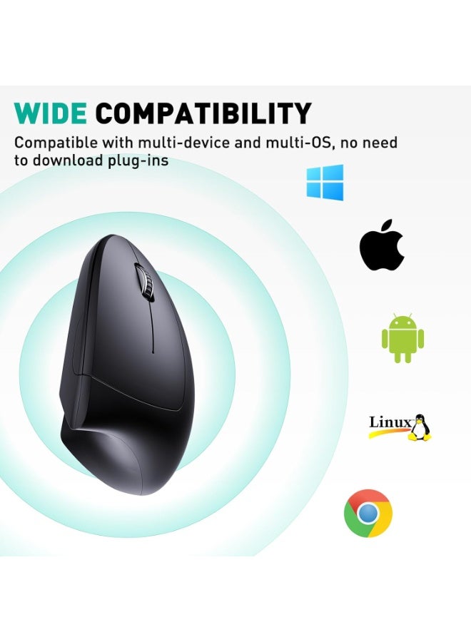 جيماكس ماوس عامودى  لاسلكي مريح قابل لاعادة الشحن ، بلوتوث 5.2 و2.4GHz USB (2 في 1) مع 1000/1200/1600 نقطة لكل بوصة، 6 ازرار صامتة، للابتوب والكمبيوتر وماك بوك وكروم بوك - اسود - Image 4