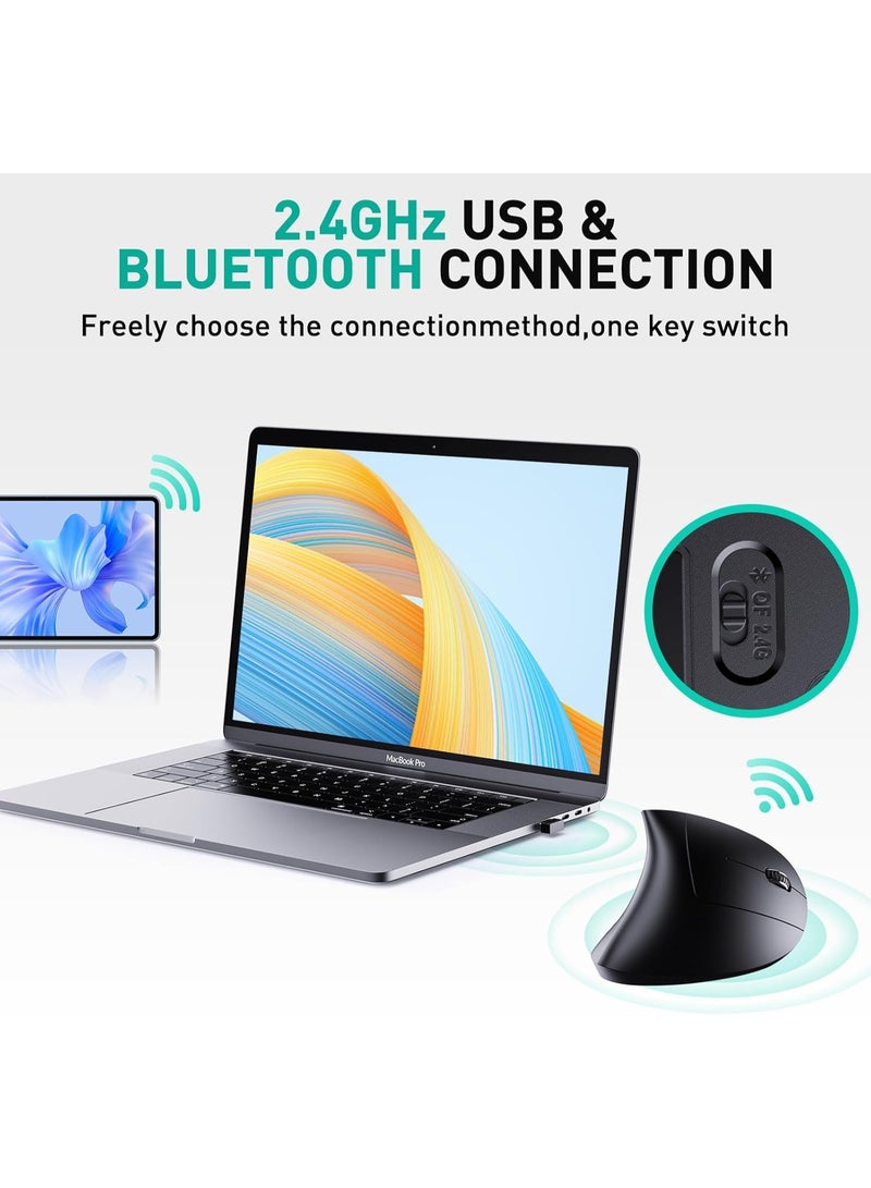 جيماكس ماوس عامودى  لاسلكي مريح قابل لاعادة الشحن ، بلوتوث 5.2 و2.4GHz USB (2 في 1) مع 1000/1200/1600 نقطة لكل بوصة، 6 ازرار صامتة، للابتوب والكمبيوتر وماك بوك وكروم بوك - اسود - Image 5