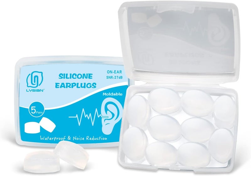 LYSIAN Silicone Moldable Sleep Earplugs Noise Reduction 27dB SNR, 5 Pairs - Noice Cancelling Ear Plugs for Swimming, Sleeping, Snoring (Transparent Color)