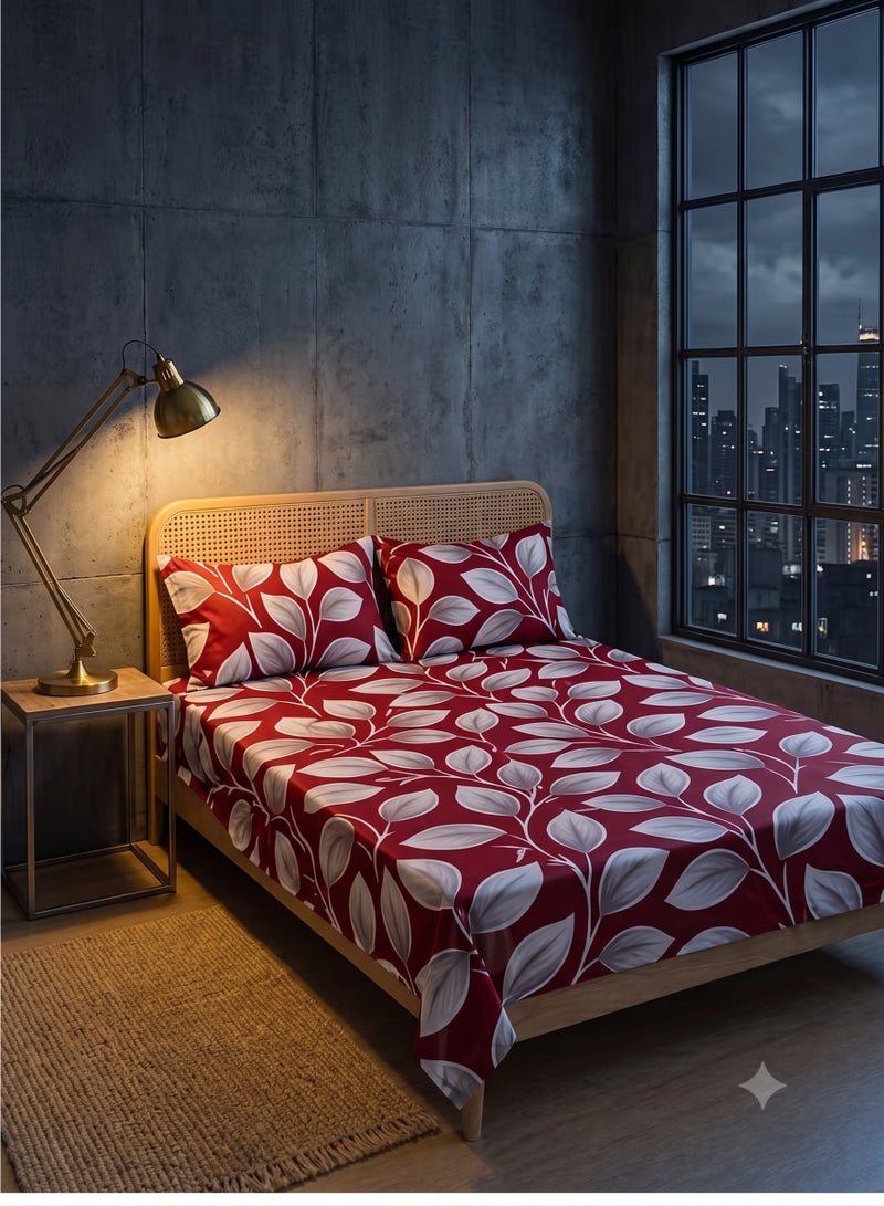 ZEESQUARE 3 Piece Red Flat Bedsheet Set – Premium 100% Cotton Honeycomb Leaf Design Bed Sheet with 1 Flat Sheet & 2 Pillow Covers, Soft Breathable 125 GSM Bedding Set for King, Queen & Single Size Beds - Image 4