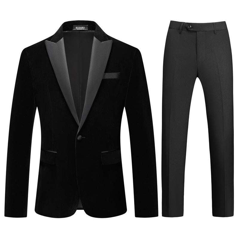 Mens Velvet Suits Slim Fit 2 Piece for Men Tuxedo Blazer Peaked Lapel One Button Dinner Stylish Jacket Pants Suits Black