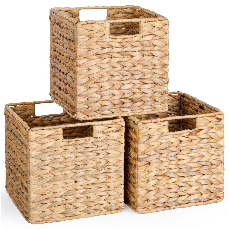DINGTAI 10.5x10.5 Water Hyacinth Storage Baskets, Collapsible Square Wicker Baskets Cube Storage Bins for 11 Inch IKEA Kallax, Set of 3 - Image 1