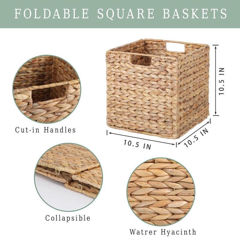 DINGTAI 10.5x10.5 Water Hyacinth Storage Baskets, Collapsible Square Wicker Baskets Cube Storage Bins for 11 Inch IKEA Kallax, Set of 3 - Image 4