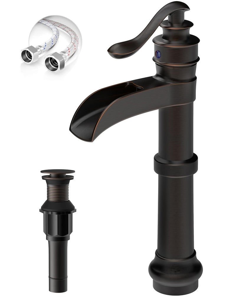 BATHLAVISH Vessel Sink Faucet Oil Rubbed Bronze Black Bathroom Faucet Farmhouse Waterfall Sink Faucet Single Hole with Pop Up Drain Assembly Without Overflow One Hole Mixer Tap Deck Mount
