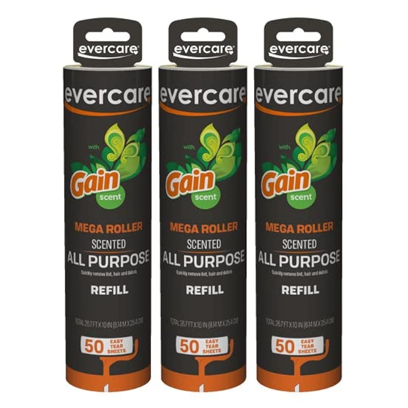 Evercare 10â€ Mega All-Purpose Pet Hair Lint Roller Refills, 3 Pack, 50 Sheets Each, Gain Scented â€“ Sticky Roller for Pet Hair, Cat & Dog Hair Remover, Lint Remover for Furniture, Clothing & Cars