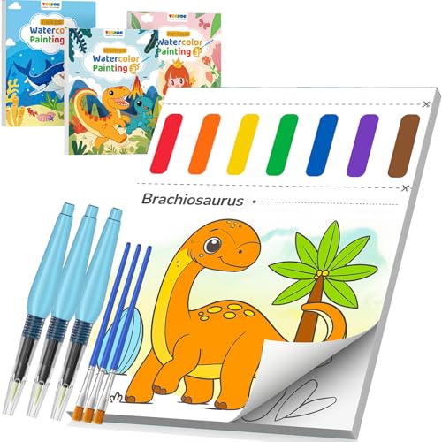 TECJOE 3 Pack Paint with Water Coloring Books for Toddlers Mess Free Watercolor Painting Set with 6 Brushes Travel Art Craft Activities Toy Birthday Gifts for Kids Ages 38 Princess Dinosaur Sea - Image 1