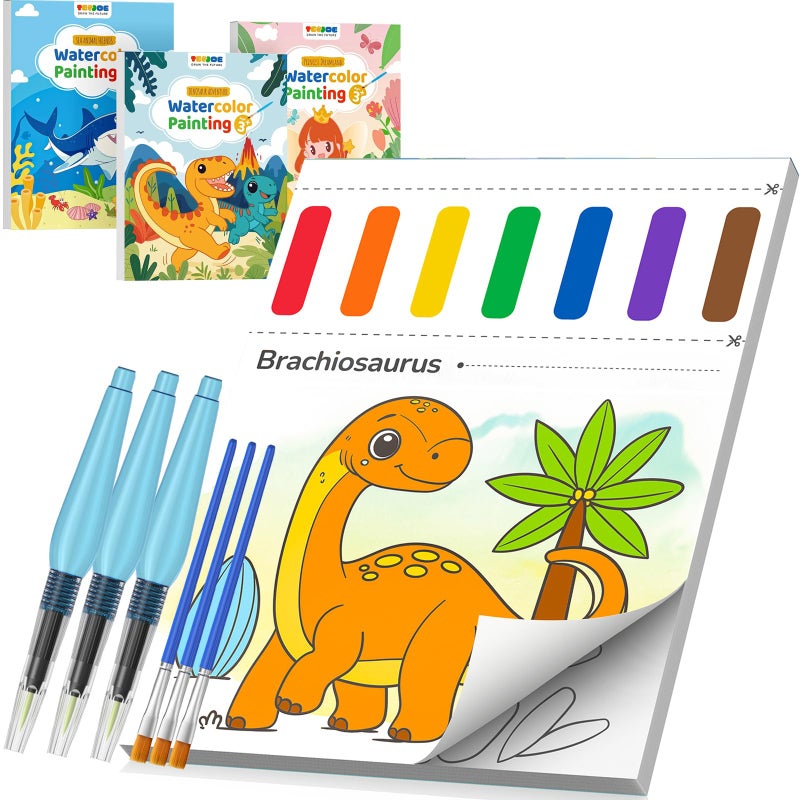 TECJOE 3 Pack Paint with Water Coloring Books for Toddlers Mess Free Watercolor Painting Set with 6 Brushes Travel Art Craft Activities Toy Birthday Gifts for Kids Ages 38 Princess Dinosaur Sea - Image 2