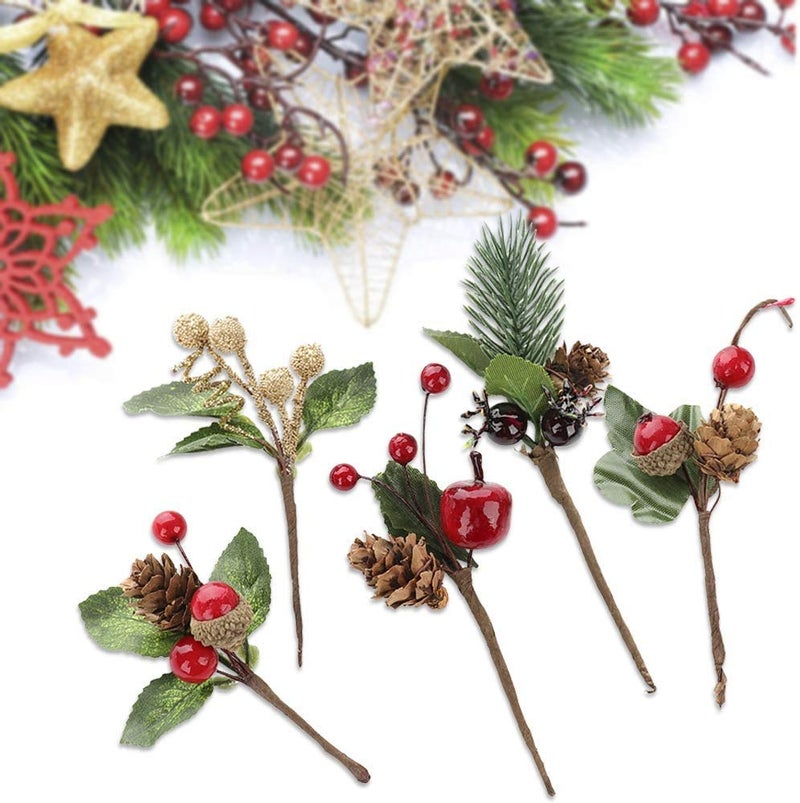 UWIOFF 20PCS Artificial Berry Picks Christmas Pine Picks with Red Berries and Pine Cones for Christmas DIY Crafts Gift Wrapping Flower Arrangements Wreaths Holiday Floral Picks Christmas Decorations