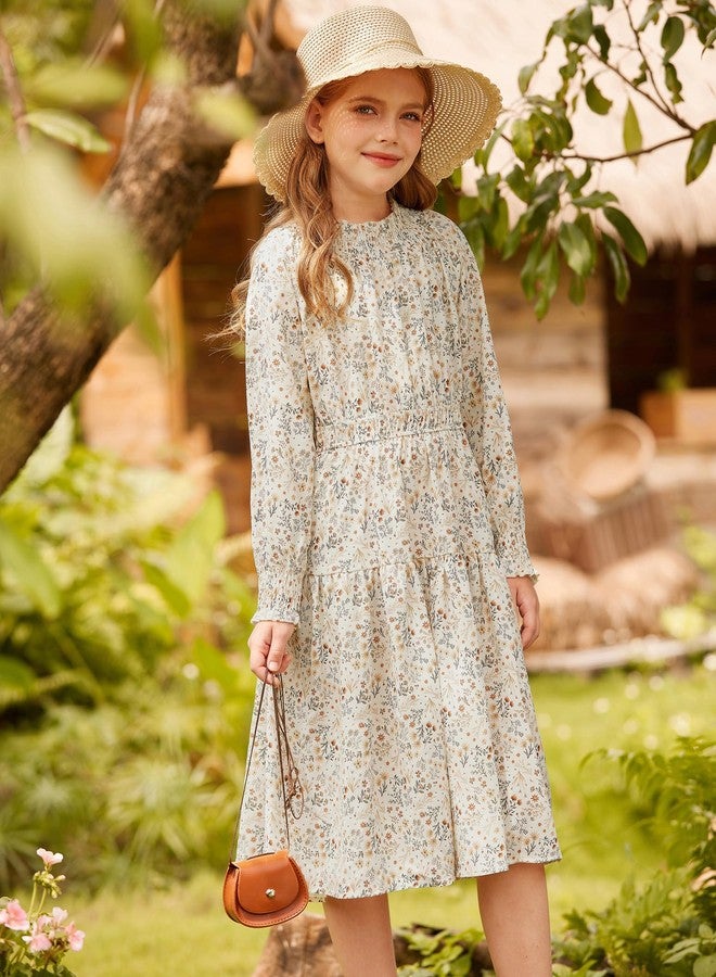 GRACE KARIN Girls Long Sleeve Dress Floral High Waist Fall Casual Midi Dresses with Pocket for 6-14 Years, Beige, 14 Years - Image 4