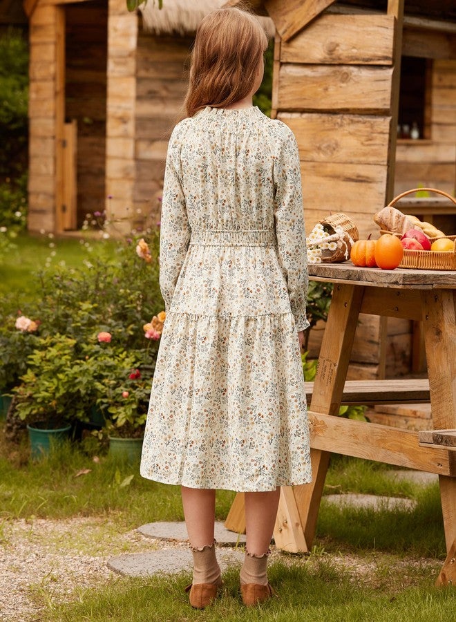 GRACE KARIN Girls Long Sleeve Dress Floral High Waist Fall Casual Midi Dresses with Pocket for 6-14 Years, Beige, 14 Years - Image 3