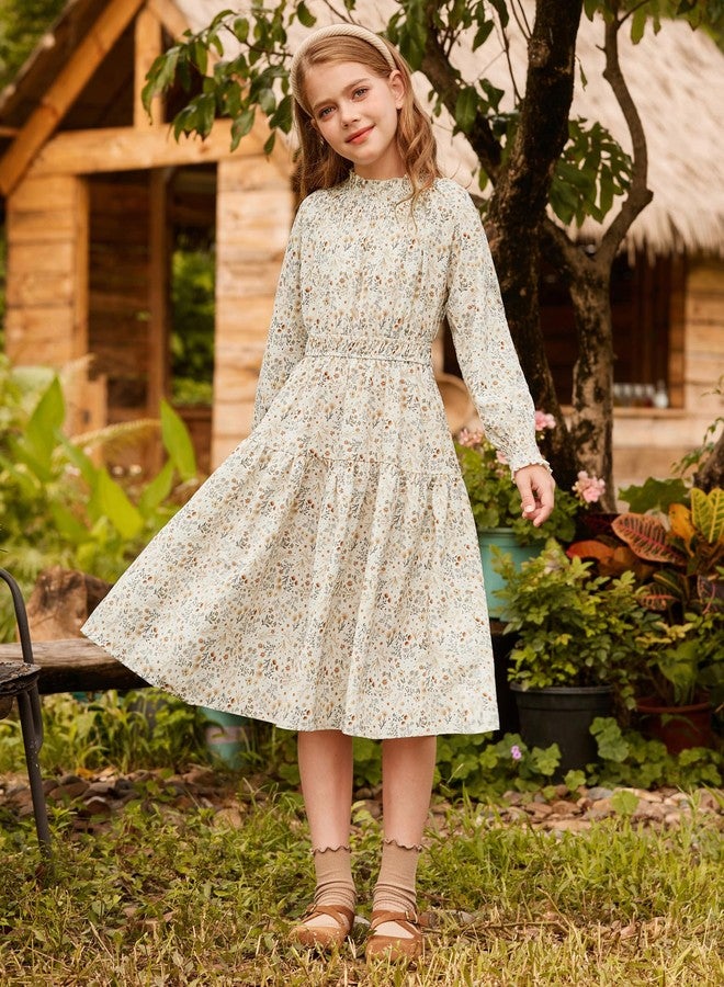 GRACE KARIN Girls Long Sleeve Dress Floral High Waist Fall Casual Midi Dresses with Pocket for 6-14 Years, Beige, 14 Years - Image 2
