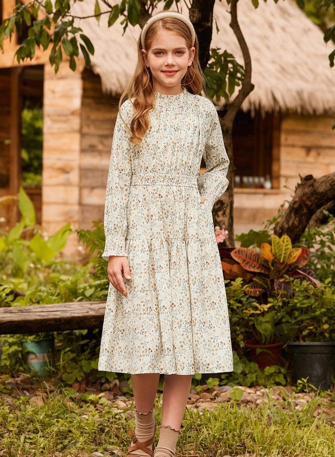GRACE KARIN Girls Long Sleeve Dress Floral High Waist Fall Casual Midi Dresses with Pocket for 6-14 Years, Beige, 14 Years - Image 5