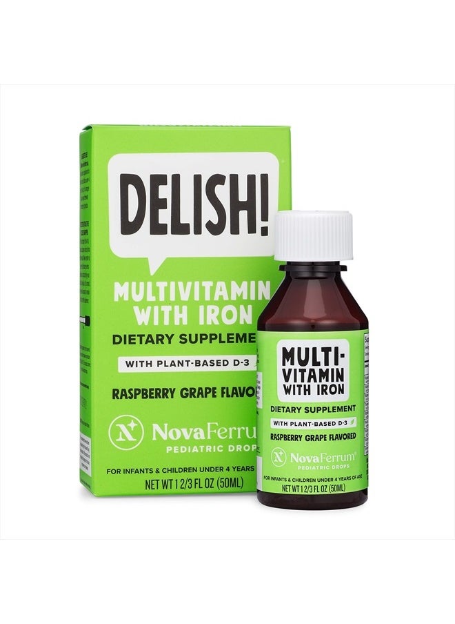 NovaFerrum - Delish | Vegan Multivitamin with Iron for Infants, Toddlers & Kids | Immune Support | Organic Plant-Based D-3 | Gluten Free | Vegan Verified | Sugar Free | 1.69 Fl Oz (50 mL) - Image 1