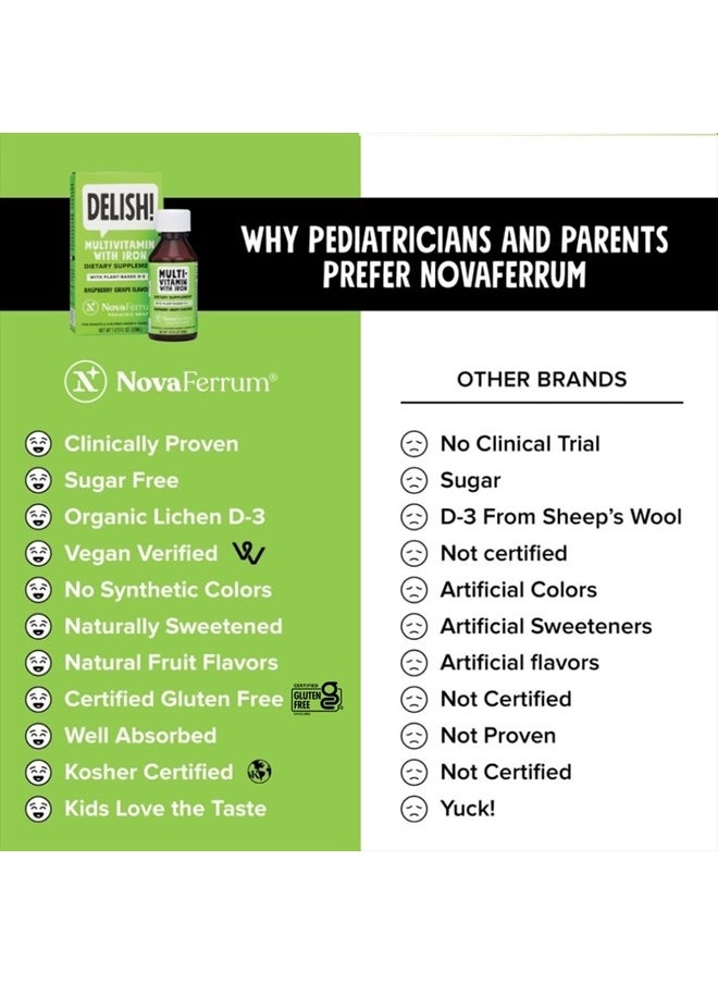 NovaFerrum - Delish | Vegan Multivitamin with Iron for Infants, Toddlers & Kids | Immune Support | Organic Plant-Based D-3 | Gluten Free | Vegan Verified | Sugar Free | 1.69 Fl Oz (50 mL) - Image 1