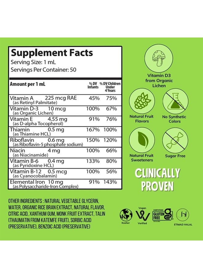 NovaFerrum - Delish | Vegan Multivitamin with Iron for Infants, Toddlers & Kids | Immune Support | Organic Plant-Based D-3 | Gluten Free | Vegan Verified | Sugar Free | 1.69 Fl Oz (50 mL) - Image 1