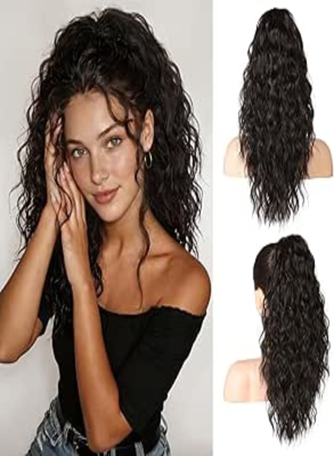 REECHO 18 Inch Claw Multi Layered Clip on Ponytail Extension for Women - Long Curly Wavy Hair Extensions, Natural Fluffy Synthetic Clip in Hairpiece for Daily Use - Black Brown