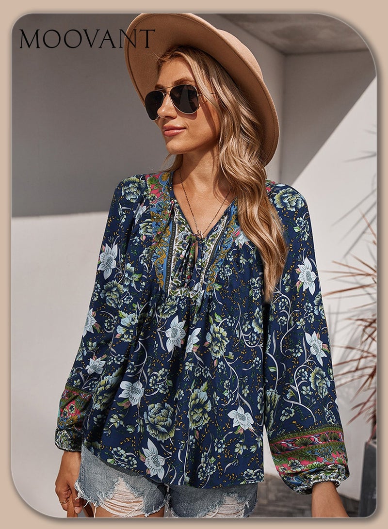 Moovant Women's Long Sleeve Tops, V Neck Blouse, Bohemian Shirts, Boho Flower Flowy Print Top Shirt, Blue - Image 1