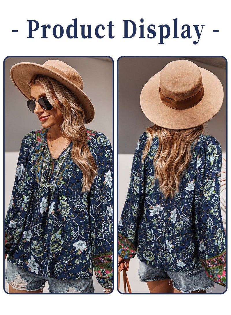 Moovant Women's Long Sleeve Tops, V Neck Blouse, Bohemian Shirts, Boho Flower Flowy Print Top Shirt, Blue - Image 3