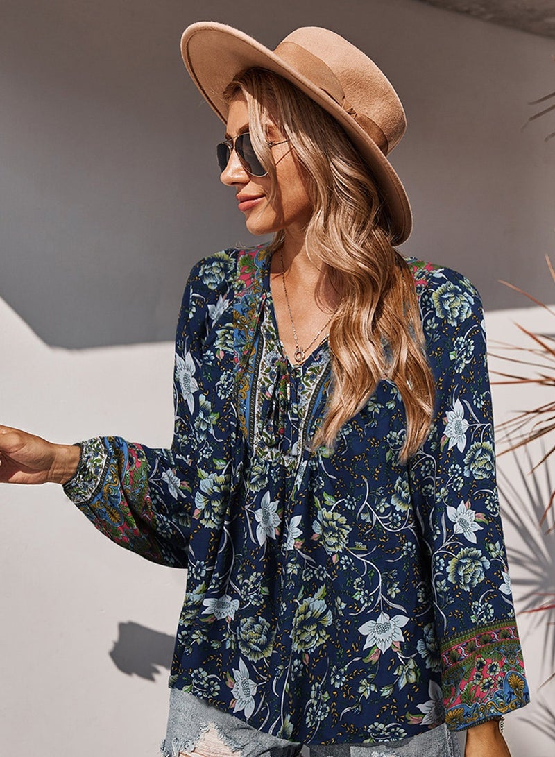 Moovant Women's Long Sleeve Tops, V Neck Blouse, Bohemian Shirts, Boho Flower Flowy Print Top Shirt, Blue - Image 4