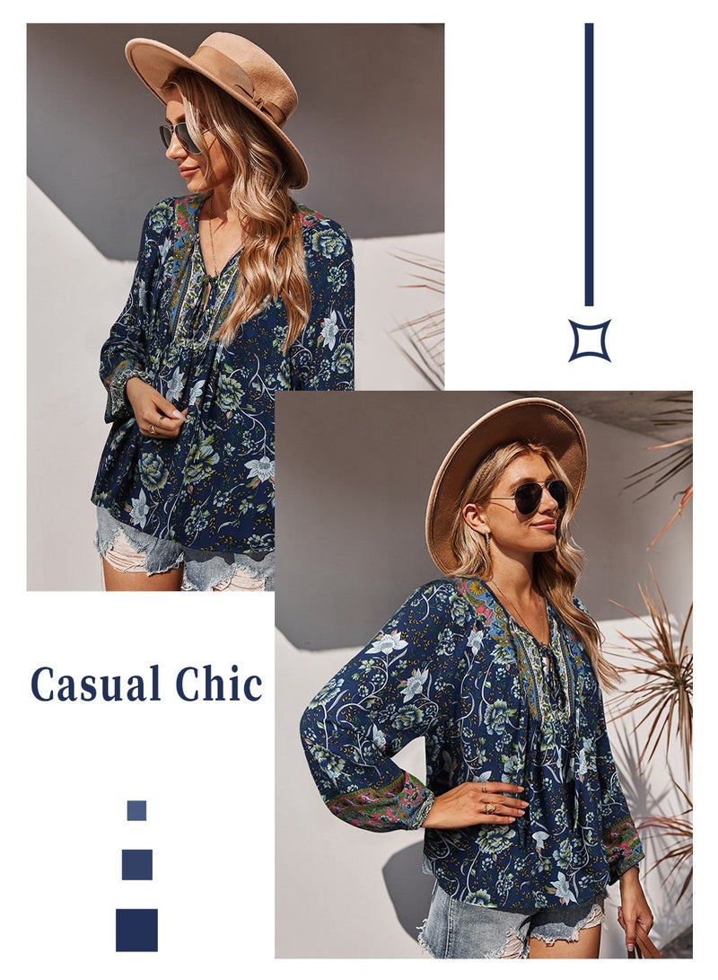Moovant Women's Long Sleeve Tops, V Neck Blouse, Bohemian Shirts, Boho Flower Flowy Print Top Shirt, Blue - Image 5