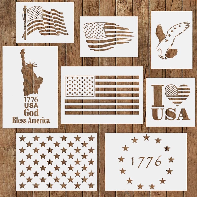 American Flag Stencils Template8 Pcs USA Flag Star Statue of Liberty Eagle 1776 Plastic Painting Stencil Drawing Airbrush Templates for Wood Fabric Paper Wall Scrapbook Art Craft