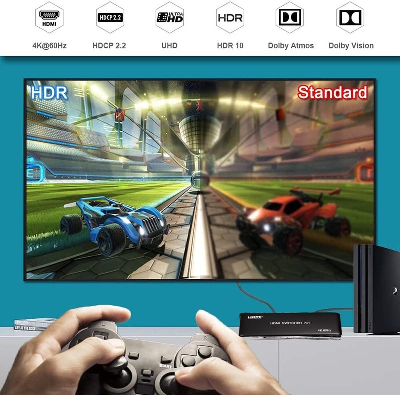 COOLCOLD 7 Port HDMI Switch Version 2.0 4K@60Hz HDMI Switcher Support HDR & HDCP 2.2, Full HD/3D with IR Wireless Remote Control and Power Adapter (Black) - Image 5
