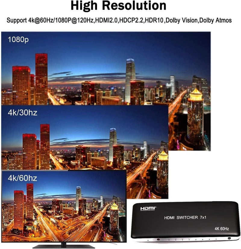 COOLCOLD 7 Port HDMI Switch Version 2.0 4K@60Hz HDMI Switcher Support HDR & HDCP 2.2, Full HD/3D with IR Wireless Remote Control and Power Adapter (Black) - Image 2