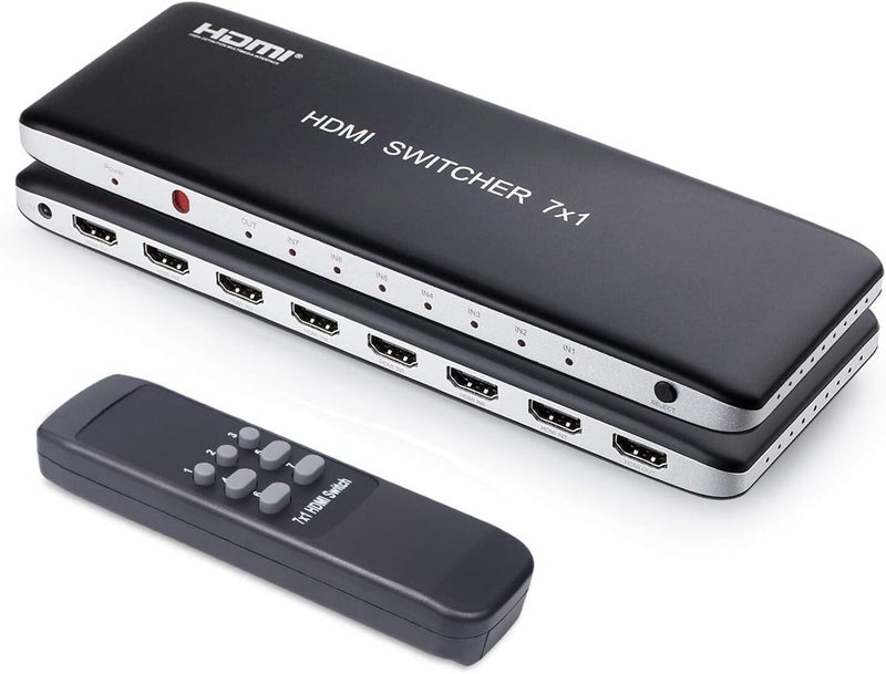 COOLCOLD 7 Port HDMI Switch Version 2.0 4K@60Hz HDMI Switcher Support HDR & HDCP 2.2, Full HD/3D with IR Wireless Remote Control and Power Adapter (Black) - Image 1