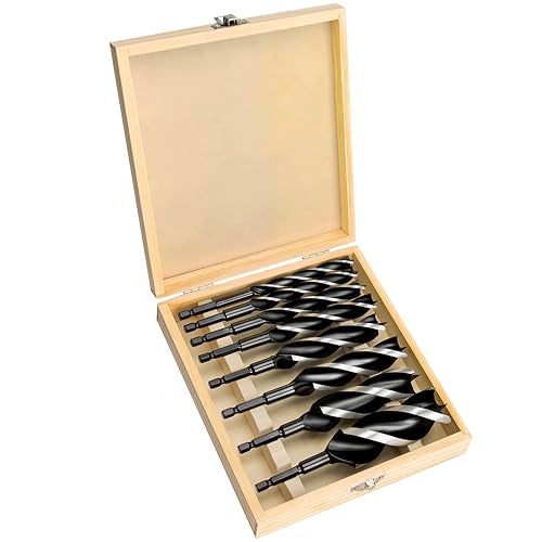 Keewaki Auger Drill Bit Set for Wood – 8pcs Hex Shank Wood Drill Bits with Patented 3-Cutter Head, 6" Long, 3/8" to 1-1/4", Precision Woodworking Bits with Wooden Storage Box - Image 1