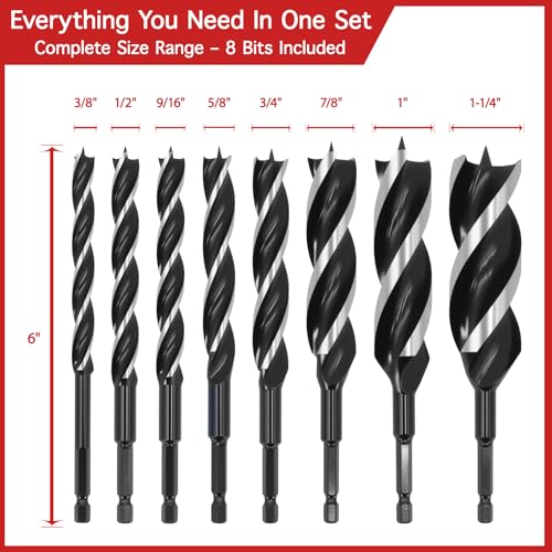 Keewaki Auger Drill Bit Set for Wood – 8pcs Hex Shank Wood Drill Bits with Patented 3-Cutter Head, 6" Long, 3/8" to 1-1/4", Precision Woodworking Bits with Wooden Storage Box - Image 4