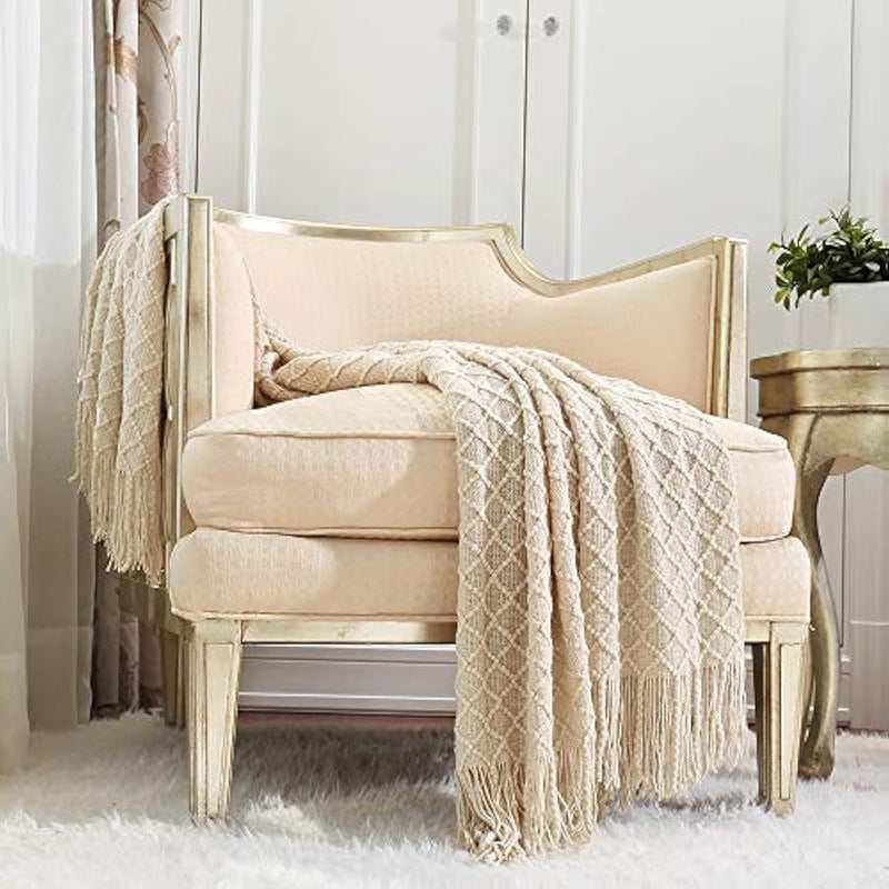 Loquat Home Decor Rustic Couch Sofa Chair Bed Throw Blanket, Soft Warm Cozy Light Weight for Travelling in Spring Summer (127x152cm Beige/Ivory) - Image 1