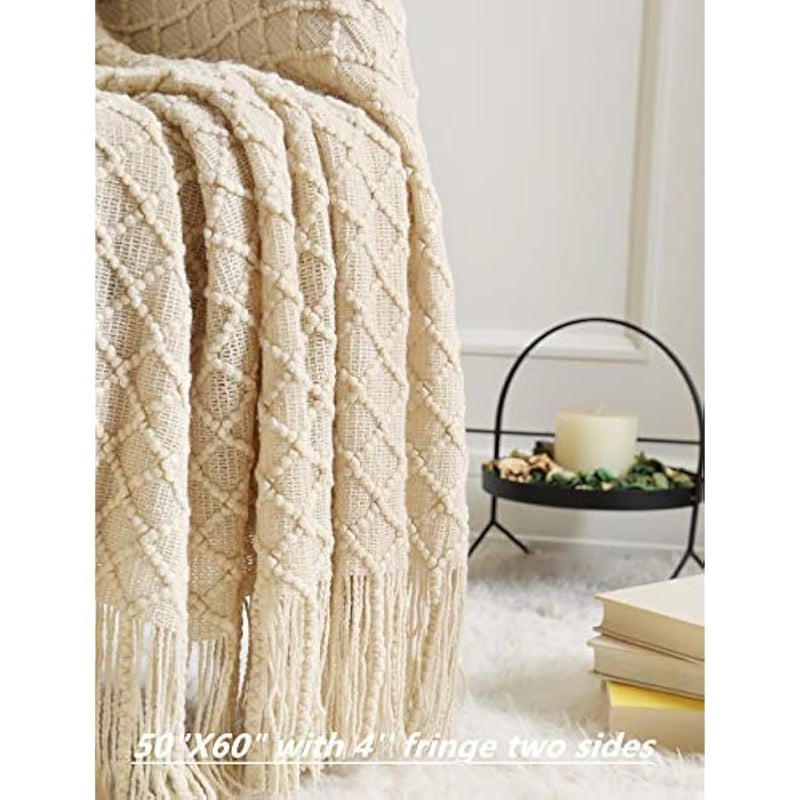 Loquat Home Decor Rustic Couch Sofa Chair Bed Throw Blanket, Soft Warm Cozy Light Weight for Travelling in Spring Summer (127x152cm Beige/Ivory) - Image 3