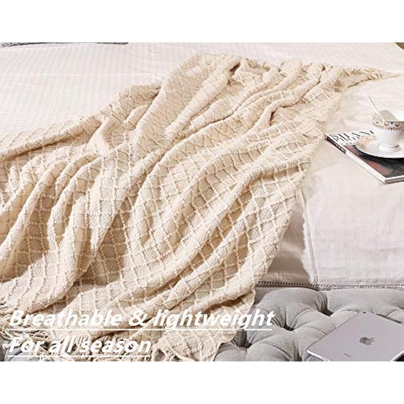 Loquat Home Decor Rustic Couch Sofa Chair Bed Throw Blanket, Soft Warm Cozy Light Weight for Travelling in Spring Summer (127x152cm Beige/Ivory) - Image 4