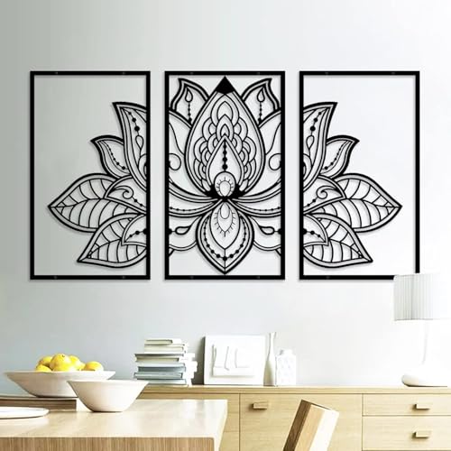 Resama 3 Pcs Lotus Flower Wall Art Decor Metal Mandala Wall Decor Unique Lotus Flower Wall Art for Living Room Bedroom Office and Yoga Room Hanging DecorBlackLarge - Image 1